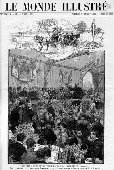 General Charettes tale ved de pavelige Zouaves møde ved Basse Motte i Bretagne, I "The Illustrous World 1885". af Unknown artist