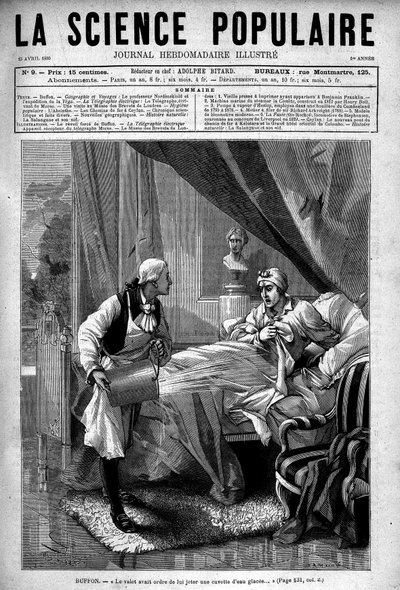 Georges Louis Leclerc Buffon i sin seng, dalen kaster en spand isvand efter ham. I "Popular Science", 15. april af Unknown artist