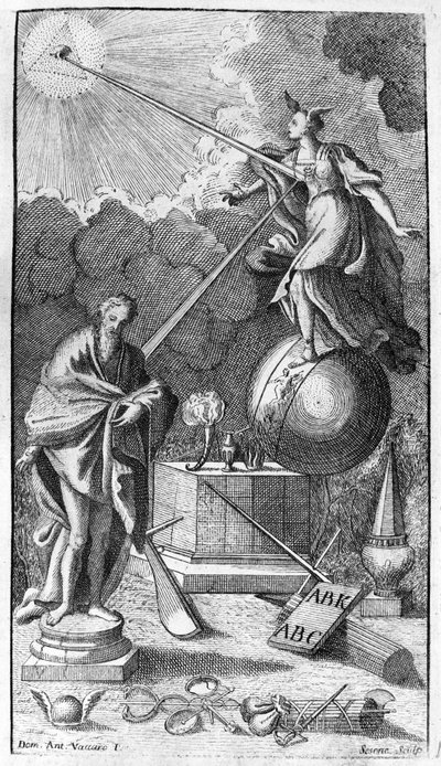 Giambattista Vico. Også kaldet Giovanni, Gian Battista, Jean Baptiste eller Jean-Baptiste. Antiporta (falsk titel) af "La Scienza Nuova" ", Napoli 1744. af Unknown artist
