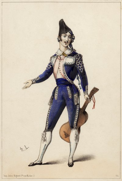 Giorgio Ronconi i rollen som Figaro i Gioacchino A. Rossinis opera Barberen fra Sevilla af Unknown artist