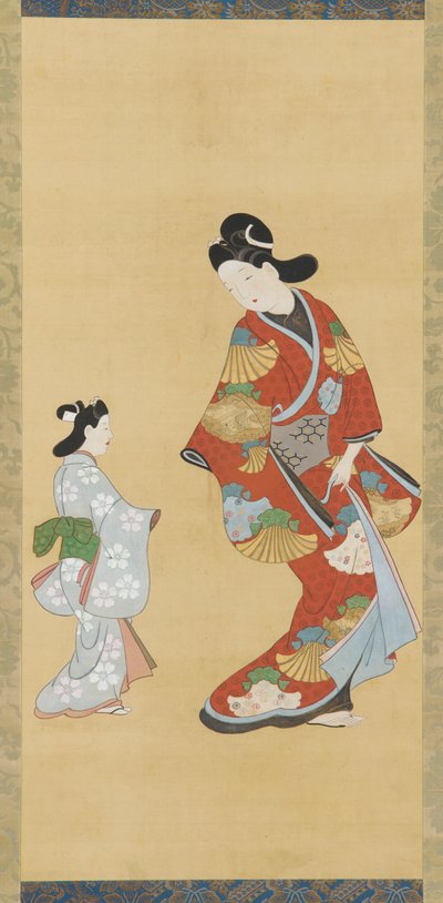 Pige i rød og guld kjole med et barn af Unknown artist
