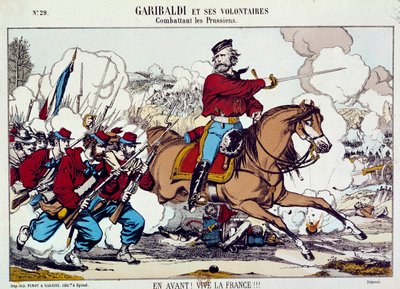 Giuseppe Garibaldi (1807-1882) kæmper med sine frivillige mod preusserne. ”Frem, længe leve Frankrig” Omkring 1871. Stik B.N. Paris af Unknown artist