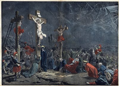 Langfredag: Jesu Kristi korsfæstelse (Jesus Kristus). Illustration i "" le Pelerin"" af 3. april af Unknown artist