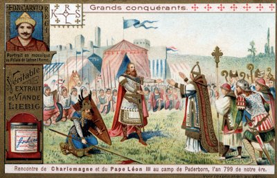 Store erobrere: portræt af Karl den Store (742 eller 747-814) og hans møde med pave Leon III (750-816) i Paderborn-lejren (Tyskland), i 799 - Liebig-kromolitografi af Unknown artist
