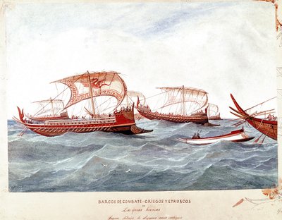 Græske og etruskiske krigsskibe (Akvarel af Unknown artist