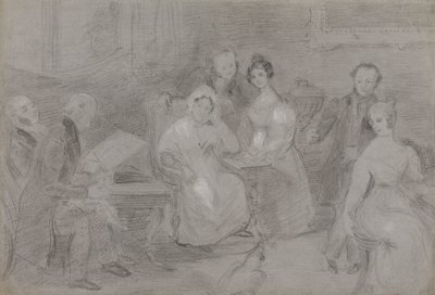 Gruppe af figurer, med en mand, der maler i akvareller, og en pige, der rækker kopper te af Unknown artist