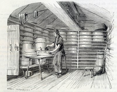Gruyère ostebutik i en schweizisk hytte (vasker skorpen) - i "" Industriens vidundere"" af Louis Figuier af Unknown artist