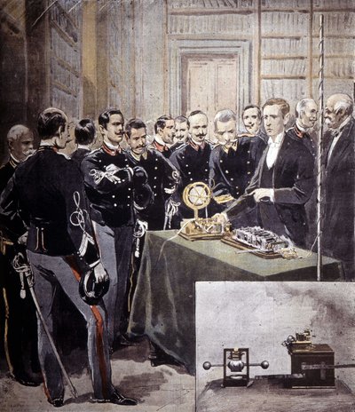 Guglielmo Marconi præsenterede den trådløse telegraf (TSF) på en konference i ministeriet for flåde i 1897. af Unknown artist