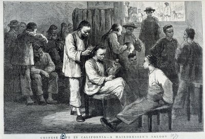 Frisørsalon i det kinesiske samfund i Californien - gravering af Unknown artist