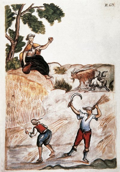 Harvests, indianere fra Peru, der arbejder på markerne. Akvarel af det 18. århundrede Madrid. Biblioteca del Palacio Real af Unknown artist