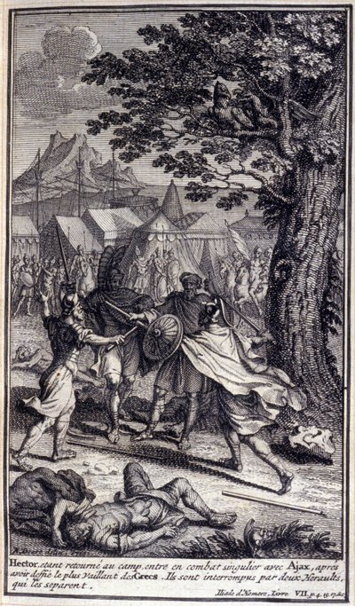 Hector vender tilbage til lejren og går ind i en enestående kamp med Ajax efter at have udfordret den mest tapre af grækerne. De bliver afbrudt af to herauter, der adskiller dem. Illustration af bog VII af Iliaden af Homere, fransk udgave af Unknown artist