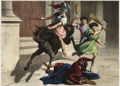 Heliodore (Heliodoros) blev drevet ud af templet: på ordre fra sin hersker forsøgte han uden held at gribe bekæmperne af Jerusalems tempel. Anonym stik fra midten af 1800-tallet. af Unknown artist