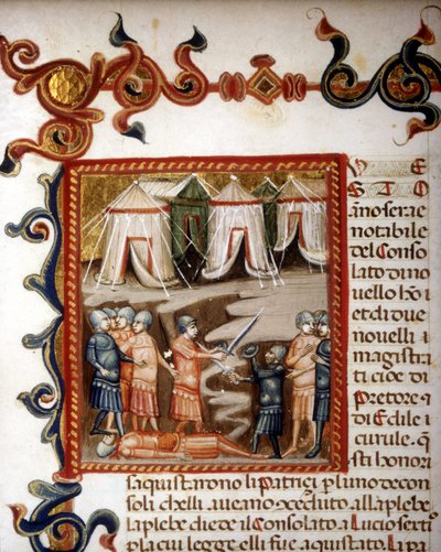 Historiae romanae årtier (= grupper af 10 bøger) (i fransk Roms historie fra dens grundlæggelse indtil 292 f.Kr.) af Titus Live (Titus Live) eller Titus Livius på latin (-59 - 17). Miniature, der repræsenterer den romerske erobring. sd. 14. århundrede. af Unknown artist