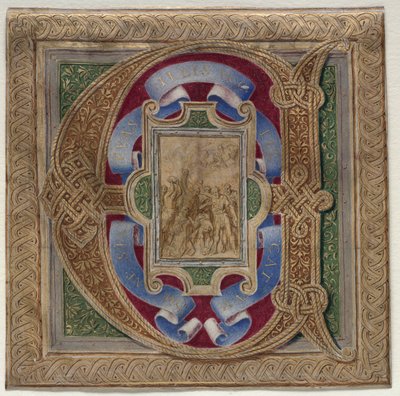 Historikeret initial (E) Udskåret fra Colonna-missalet: St. Stephens martyrium af Unknown artist