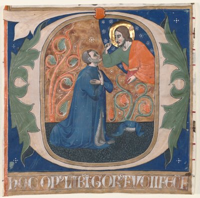 Historikeret initial (O) udskåret fra et antifonarium: Donoren, Gorus Fucci, knæler foran Kristus af Unknown artist