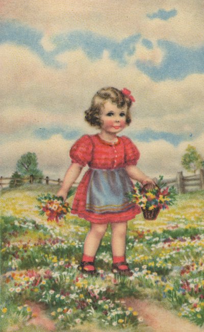 Historisk postkort med en glad pige på engen, lykønskningskort af Unknown artist