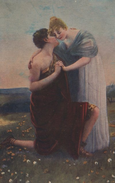 Historisk lykønskningskort med historisk motiv, middelalderens kvinde og kriger af Unknown artist
