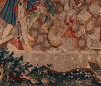 Historien om Saint Piat og Saint Eleuthère, Scene 5 Detalje til venstre nedenfor. Bymure og buske. af Unknown artist