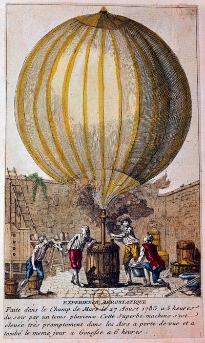 Ballonernes historie: aerostatisk oplevelse udført på Champ de Mars i Paris den 27/08/1783: ballonen er fyldt med hydrogengas af Jacques Charles (1746-1823). Indgravering af det 18. århundredes Paris, B.N. af Unknown artist