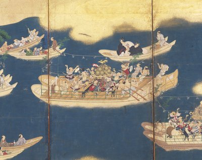 Hiyoshi-Sann? Festival (blæk, farve og bladguld på papir, skærm med seks paneler) af Unknown artist