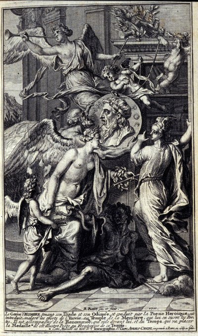 Homeres ånd, der holder sin Iliaden og sin Odyssee, og ledet af heroisk poesi, introduceres, trods Misundelsens anstrengelser, til erindringens tempel, som åbner sine døre. Han er ledsaget af Renommee, der flyver foran ham, og Tid, som vil placere af Unknown artist