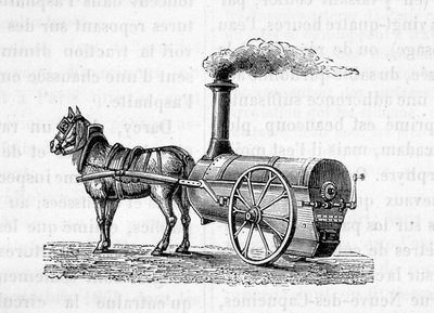Hest, der trækker en dampmaskine - i "" Industriens vidundere"" af Figuier af Unknown artist