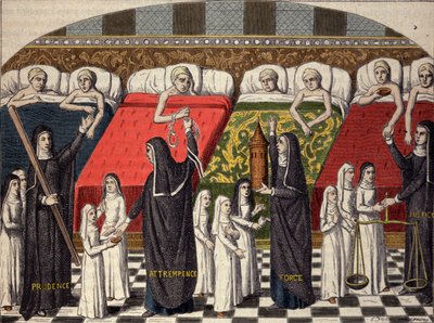 Hospitalsstue på Hotel Dieu i Paris. Gode søstre er designet af dydernes navn: forsigtighed, afholdenhed, styrke og retfærdighed. Gravering efter en miniature fra det 15. århundrede. af Unknown artist