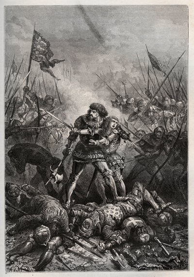 Hundredårskrig: Kongen af Frankrig Johannes II den Gode og hans søn Filip II af Bourgogne (1342-1404), kendt som "Philippe le Hardi", kæmpede mod englænderne i slaget ved Poitiers den 19/09/1356) (Kong. af Frankrig Johannes II af Frankrig (1319-1364) og ha af Unknown artist