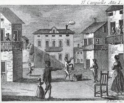 Il Campiello Act I - Carlo Goldoni (1707-1793) - Indgravering af det 18. århundrede af Unknown artist
