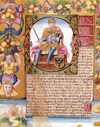 Oplyst portræt af kejser Karl V (1500 - 1558). Detalje af en "" executoria"" af Unknown artist