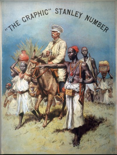 Illustration af opdagelsesrejsende og journalist Henry Morton Stanley (1841-1904) under en af hans ekspeditioner. Kromolitografi. af Unknown artist