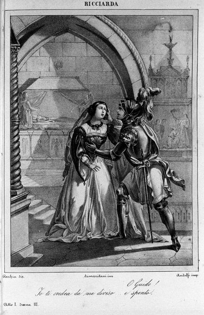 Illustration til scene 3 i 1. akt af "Ricciarda"" af den italienske digter og dramatiker Ugo Foscolo (1778-1827) 19. århundrede af Unknown artist