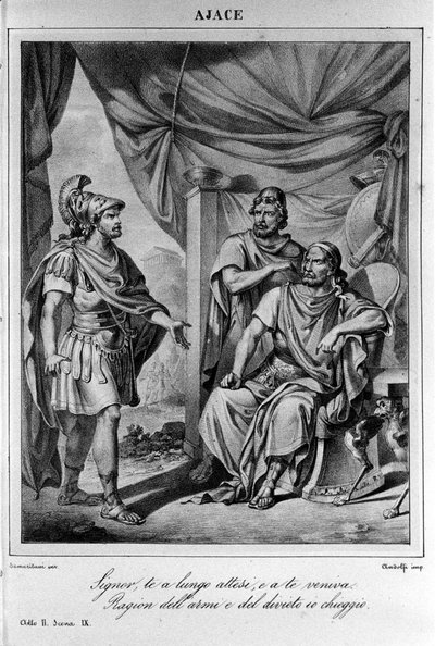 Illustration til scene 9 i 2. akt af "" Ajax"" (Aiace) af den italienske digter og dramatiker Ugo Foscolo (1778-1827) 19. århundrede af Unknown artist
