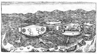 Illustration af slutningen af ​​det 18. århundrede om hvordan man navigerer under vand i "" Ny afhandling om den sande opretning af cirklen målt nøjagtigt med diameteren, nyttig til trigonometri ... Med en afhandling om hvordan man navigerer under vandet,  af Unknown artist