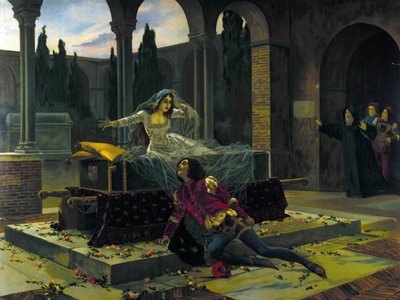 Illustration af den sidste scene i balletten "Romeo og Julie" af Piotr eller Petr Ilyich Tchaikovsky (eller Tchaikovsky eller Ciajkovskij eller Tchaikovsky af Unknown artist