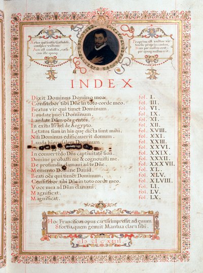 Indeksside med portræt af Giovanni Giacomo Gastoldi af Unknown artist