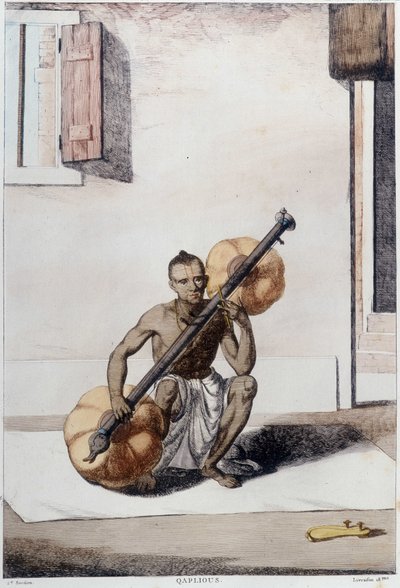 Indisk kultur, civilisation og samfund: musiker med traditionelt indisk strengeinstrument. Stik fra 1808. af Unknown artist