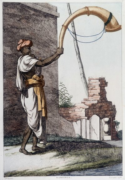 Indisk kultur, civilisation og samfund: musiker med traditionelt indisk blæseinstrument (Sournae). Stik fra 1808. af Unknown artist