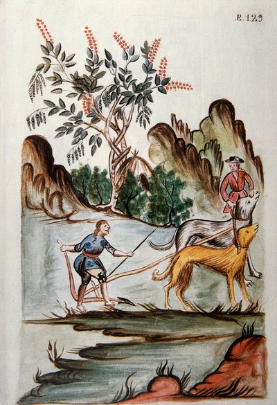 Indianere, der pløjer en mark med hunde, fra bogen "Trujillo del Peru" eller "Codex Martinez Companion", af Baltazar Martinez Companion og Bujanda, biskop af Trujillo (1782-1785) af Unknown artist