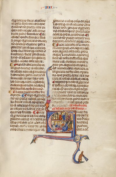 Initial E: En mand med børn foran en dommer og en gammel mand i sin sygeseng, der dikterer til en anden mand af Unknown artist