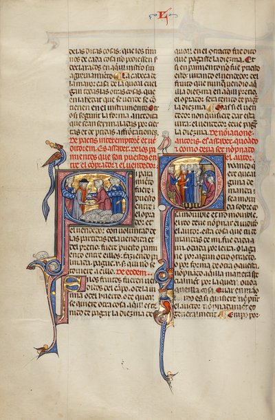Initial S: To mænd giver hinanden hånden efter et salg af får; Initial Q: Tre mænd foran en dommer peger på en mand med en kølle og en mand, der arbejder ved en ambolt af Unknown artist