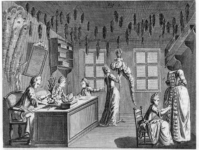 Interiør af et plumassier-værksted i 1700-tallet. 1700-tals stik. af Unknown artist