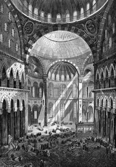 Indvendigt billede af moskeen Saint Sophia (Hagia Sophia) (byzantinsk kunst fra det 6. århundrede) i Konstantinopel i 1858. af Unknown artist