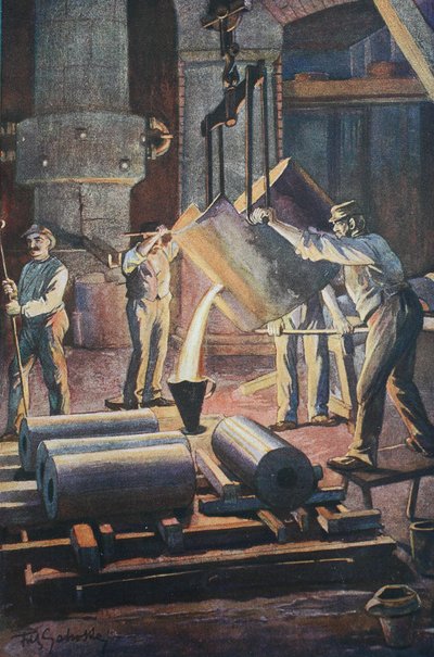 Jernstøberi, støbehus, formstøbning af det smeltede jern af Unknown artist