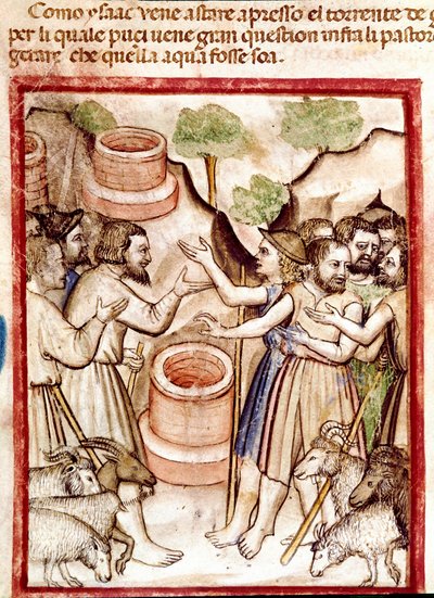 Isaac graver brønde i Guerar-dalen, og hyrderne i dalen søger ham skændes Miniature taget fra codex 212 (eller padovano codice eller Bible of Padua) 1390-1400 Rovigo, Accademia dei Concordi af Unknown artist