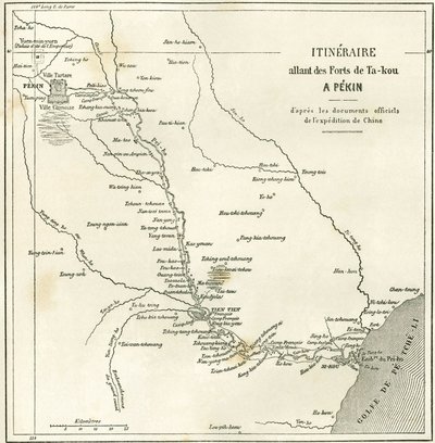 Rejseplan langs Hai He-floden nær Tien Tsin (Tien-Tsin, Tianjin) til Pekin (Beijing), Kina. Kort, i "" Le Tour du Monde, New Journal of Travels "", redigeret af Edouard Charton, Paris af Unknown artist