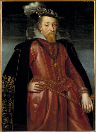 James Stuart, James VI, konge af Skotland og James I, konge af England og Irland - Portræt af kong James I af England (1566-1625), Anonym . Olie på træ. Mål: 115x86 cm. Nationalmuseum Stockholm af Unknown artist