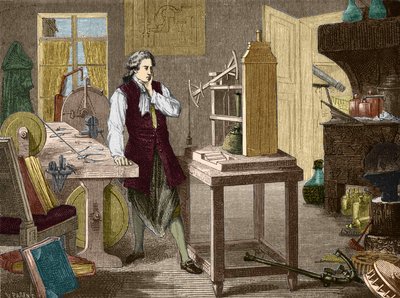 James Watt studerer perfektionen af Newcomen-maskinen (1767) (dampmaskine) - i "" Album of Science; berømte videnskabsmænd; Store opdagelser””” 1896. af Unknown artist