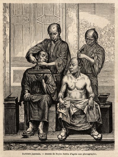 Japanske barberere i deres butik, den ene barberer skæg, den anden styler en mand med bar overkrop. Indgravering til illustration af rejsen til Japan i 1863-1864 af Aime Humbert, minister for Det Schweiziske Forbund, i "Le tour du monde, nouveau journal de af Unknown artist