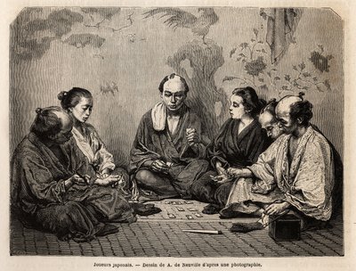 Japanske spillere i midten af kortene. Indgravering til illustration af Japan, rejsehistorie af Aime Humbert, minister for Det Schweiziske Forbund, i 1863-1864, offentliggjort i "Le tour du monde, nouveau journal des voyages", under ledelse af Edouard Char af Unknown artist